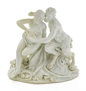 Meissen (German) Blanc De Chine Porcelain Satyr And Nymph Figural Group, Ca. 18th.c., H 4.5'' W 4.5''