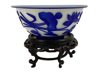Chinese Peking Glass Blue Overlay White Lotus Bowl