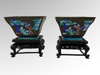 Pair Metal & Enamel Cloisonne Square Bowls with Stands