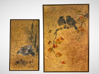 Two Japanese Ink and Brush Framed Paintings on Stretched Canvas 