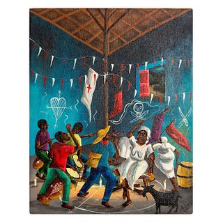 Haitian Voudou Ceremonie Oil on Canvas Painting