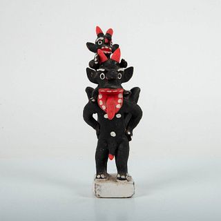 Painted Clay Statuette Winged Demon and Child on Shoulders