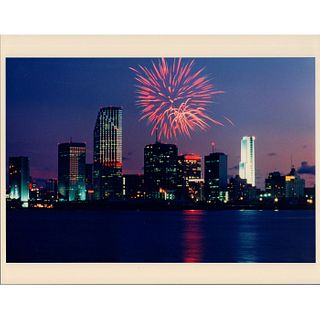 Ira Victor, Color Photograph, Miami Skyline with Fireworks, Miami, 1987