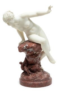 Benedict Rougelet (French, 1834-1894) Carved Carrara Marble Sculpture, Late 19th C., Venus With Two Doves, H 17'' W 9''