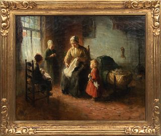 Bernard De Hoog (Dutch, 1867-1943) Oil On Canvas Mother And Four Children, H 32'' W 40''