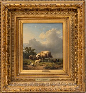 Eugene Joseph Verboeckhoven (Belgian, 1798-1881) Oil On Beveled Mahogany Panel, Ca. 1854, Landscape With Sheep, H 9'' W 8''