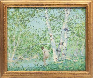 Allen Dean Cochran (American, 1888-1971) Oil On Canvas Nude Near A Stream, H 24.5'' W 29.7''