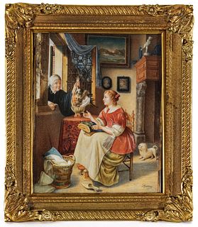 T. Kozolny, Netherlands, Oil Painting, Lady Selling Poultry At Window Ca. 19th.c., H 5'' W 4''