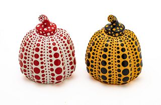 Yayoi Kusama (Japanese, B. 1929) Painted Cast Resin Multiples, 2013, Yellow Pumpkin; Red Pumpkin, Two Works, H 4'' W 3.5''