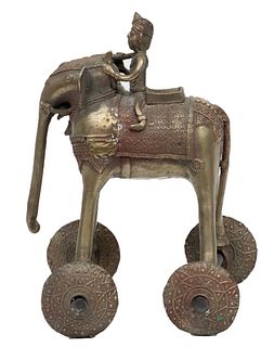 India, Brass Warrior Upon Elephant & Wheels, Temple Toy11.5"H. Ca. 1900