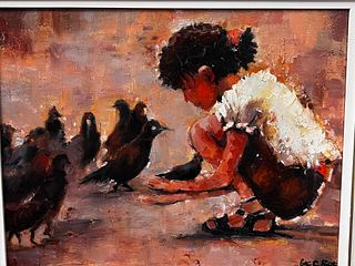 Peter Baxter "Girl with pigeons" Oil on Board
