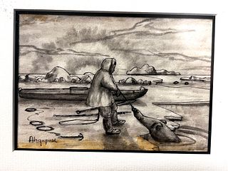 Ahgupuk (1911-2001) Eskimo drawing of a man with a seal