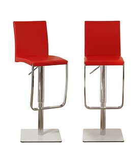 A Pair Of Red Adjustable Modern Bar Stools
