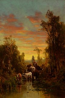 Thomas Hill (1829 – 1908) — Watering the Herd at Sunset