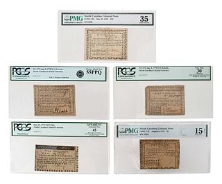Five Graded North Carolina Colonial Bank Notes 