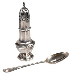 English Silver Caster and 18th Century Spoon