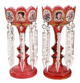 Pair of Painted and Gilt Decorated Cranberry Glass Lusters