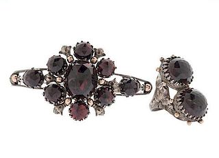Austrian Three-Piece Ensemble in .800 Silver with Garnets and Gold Accents 
