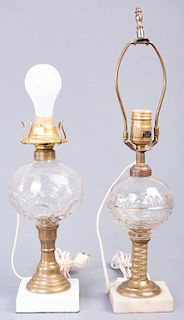 Two Glass, Brass and Marble Lamps