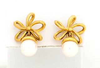 18K Gold Ribbon and Pearl Drop Earrings