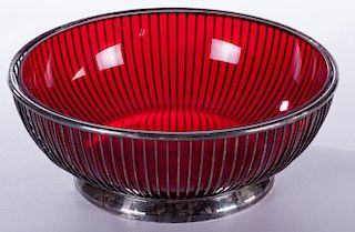 Gorham Silver Plate Bowl w /Cranberry Glass Insert