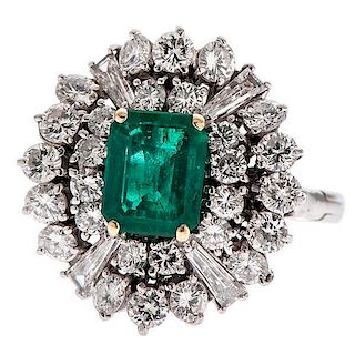 Platinum, Emerald and Diamond Fashion Ring 