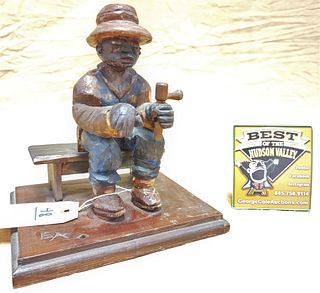 FOLK ART CARVING OF A SEATED BLACK MAN ON A BENCH SGND. EA 9"H X 8"W 6 1/2"D