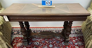 30'S INLAID WALNUT CONSOLE/DINING TABLE TOP SLIDERS BACK & OPENS TO DINING TABLE SIZE 54"W X 40"D X 29"H, CLOSED 29"H X 19 3/4" X 54"W