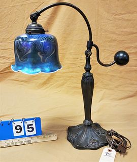 BRONZE BASE ADJUSTABLE LAMP W/ ART GLASS SHADE 21"