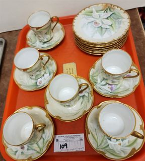 TRAYT 6 LIMOGES HAND ENAMELED ORCHID MOTIF CUP & SAUCERS W/6 6" DIAM. PLATES SGND. F. LYCETT