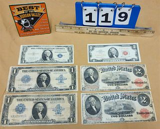 LOT US PAPER CURRENCY 2-1917 $2, 2-1923 $1, 1935E -1 SILVER CERT AND 1963A - $2