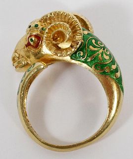 18KT YELLOW GOLD AND ENAMEL RAM'S HEAD RING