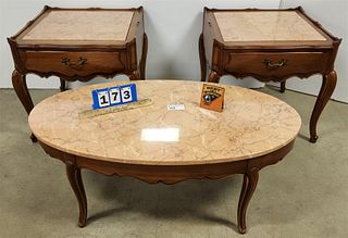 3 PC. CHERRY MARBLE TOP SET-PR 1 DRAWER END STANDS 24"H X 24"SQ AND COFFEE TABLE 17"H X 43-1/2"W X 24"D