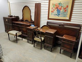 30'S 7PC. INLAID WALNUT BED SET- TALL CHEST W/FALL FRONT DESK, 5 DRAWER DRESSER, VANITY, FULL BED, BENCH AND CHAIR