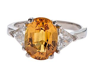 Yellow Sapphire and Triangle Diamond Ring in Platinum 
