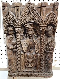 19TH C CARVED WOOD GOTHIC STYLE ICON PANEL 16" X 10 1/2"