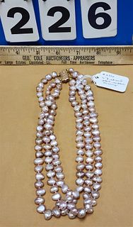 3 STRAND PINK PEARL NECKLACE W/ 14K CLASPS 16"