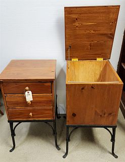 PINE 3 DRAWER STAND 30"H X 17"W X 16"D AND LIFT TOP FILE CABINET 30"H X 17"W X 19"D BOTH W/ WROUGHT BASES