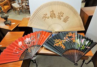 LOT 3 ASIAN BAMBOO HAND PTD FANS 32" AND 2-28"