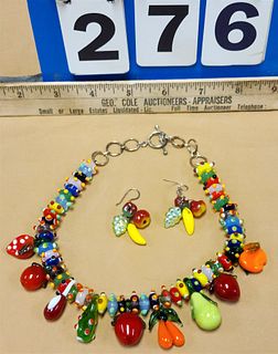 ART GLASS BED NECKLACE AND PR EARRINGS