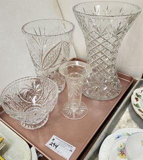 TRAY CUT GLASS VASES 12", 9 1/2" AND 6" BOWL