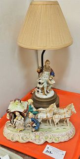 TRAY FIGURAL 19" PORCELAIN LAMP AND HORSE AND CARRIAGE 6"H X 11 1/2"W X 5"D