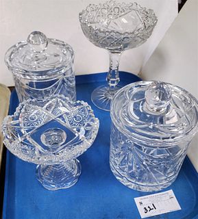 TRAY CUT GLASS 2 COVERED JARS 7 1/2"H X 5 1/2" DIAM, 2 COMPOTES