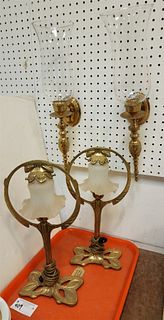 TRAY PR BRASS TABLE LAMPS 17"H AND PR BRASS WALL CANDLE SCONCES 20"