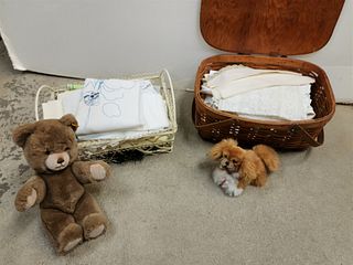 PICNIC BASKET OF LINENS, WIRE BASKET W/ LINENS AND 2 STEIFF- BEAR 14" AND DOG