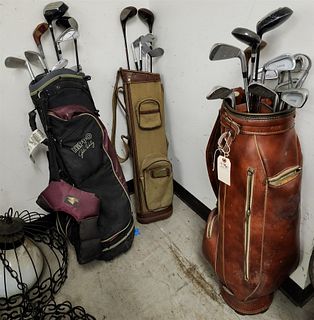 AUSTAD GOLF BAG AND CLUBS, HIPPO GOLF BAG AND CLUBS, LEATHER AND CANVAS BAG AND CLUBS