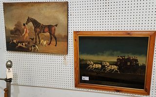 LOT 2 FRAMED STONE "THE AGE BRIGHTON COACH IN 1852" 20-1/2" X 25-1/2" AND PRINT ON CANVAS "LETTING OUT THE HOUNDS" 21-1/2" X 29-1/2"