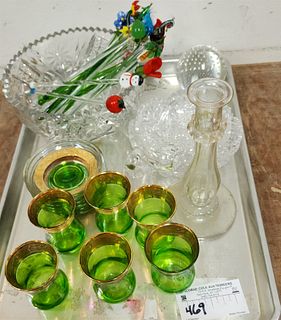 TRAY CUT GLASS - BOWL, NAPPIES, AND 6 GREEN GLASS W/GILT GLASS AND LINENS, GLASS STIRERS ETC