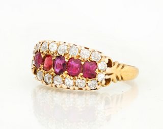 Antique 18K Gold Diamond and Ruby Cluster Ring