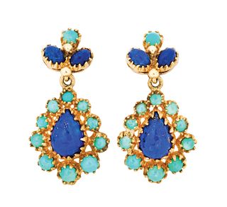 Vintage Lapis and Turquoise Drop Earrings Set in Gold